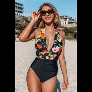 Floral and Black Plunge Halter One Piece Swimsuit NWT